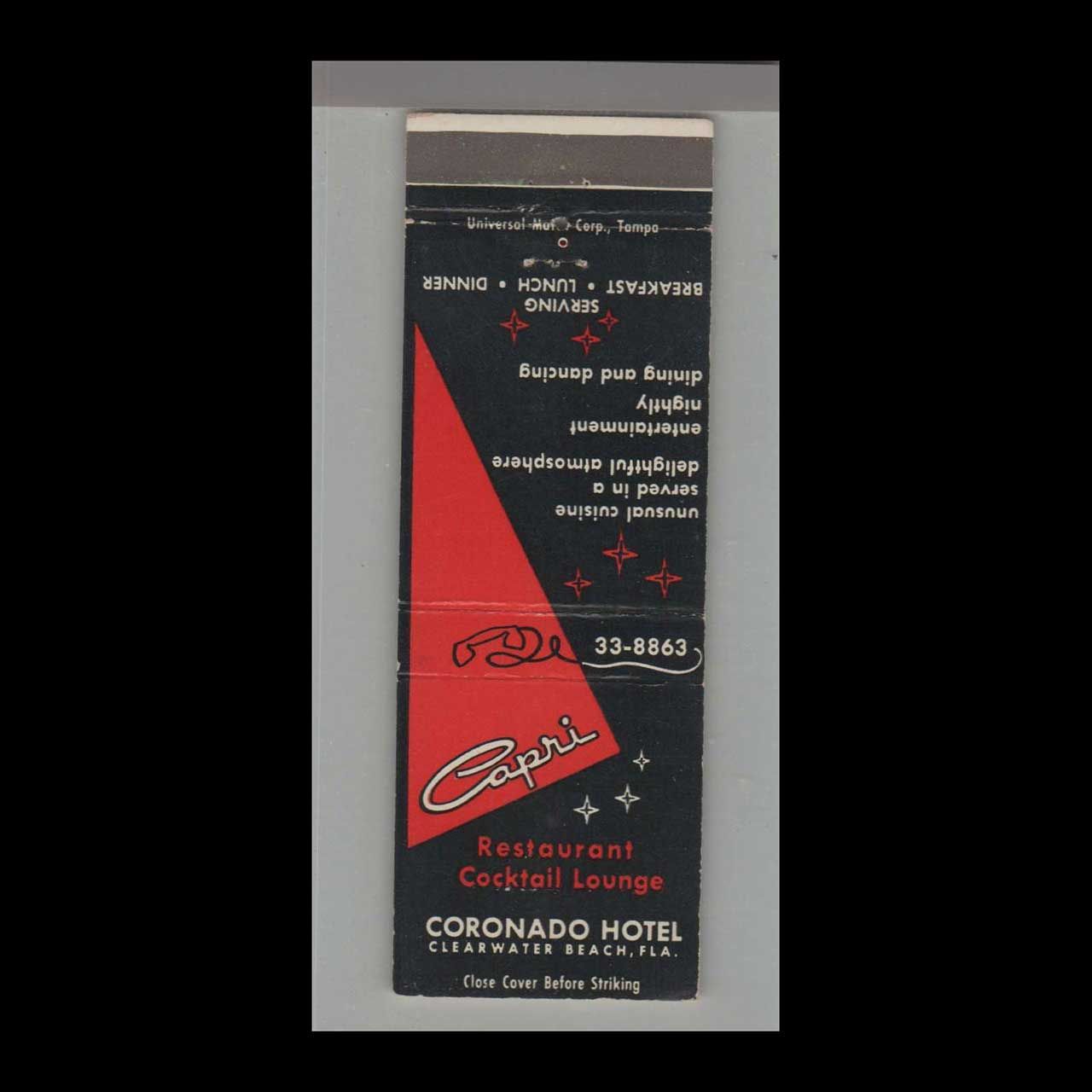 Capri Restaurant &amp; Cocktail Lounge Clearwater Vintage Matchbook Advertising Cover
