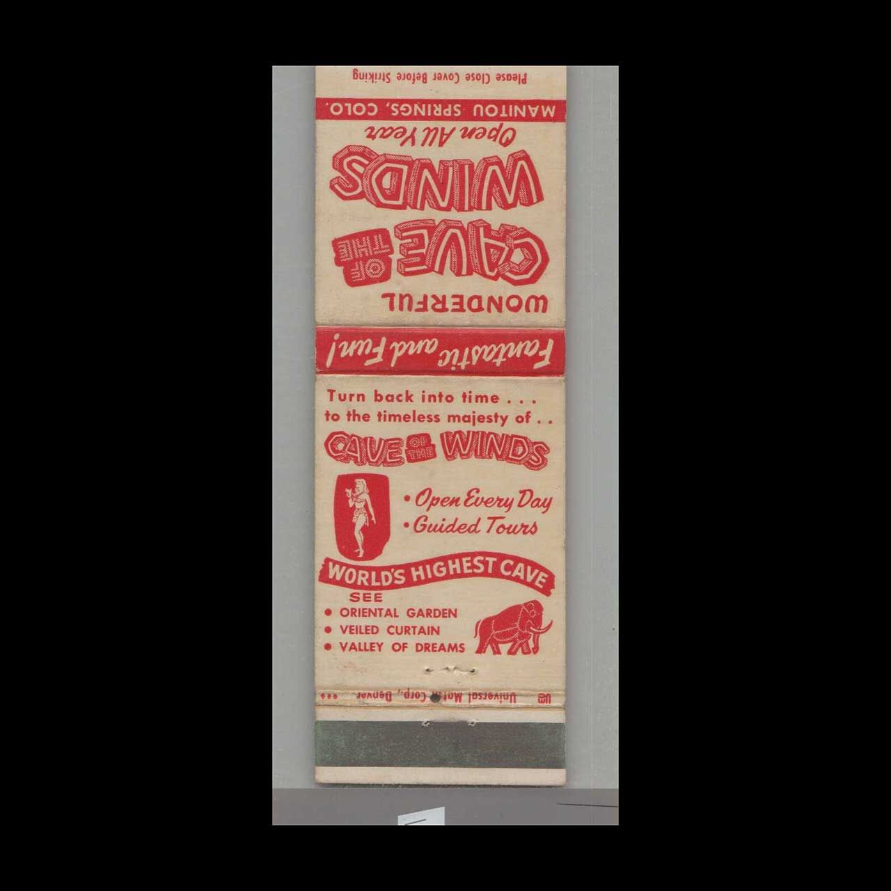 Elephant - Cave Of The Winds World&#39;s Highest Cave Manitou Spri Vintage Matchbook Advertising Cover