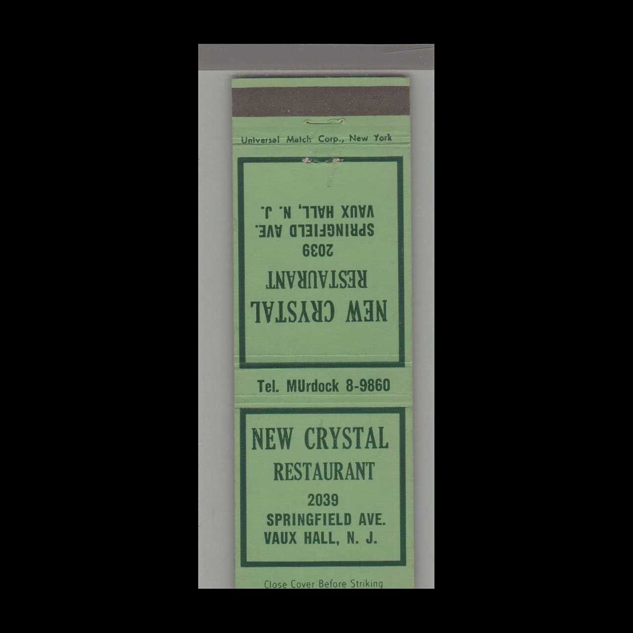 New Crystal Restaurant Vaux Hall, NJ Vintage Matchbook Advertising Cover