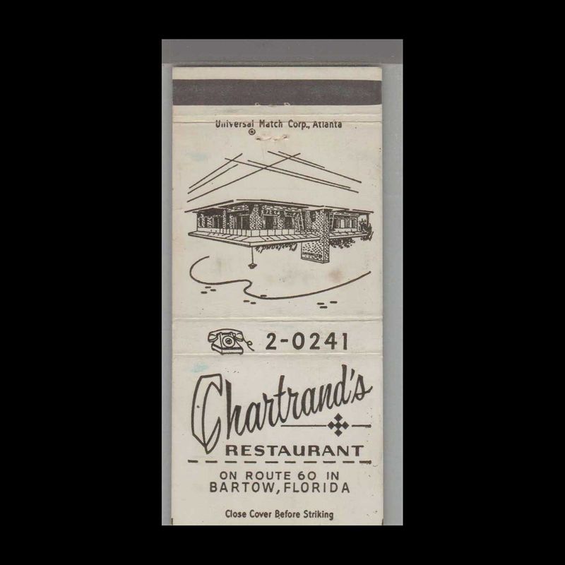 Chartrand&#39;s Restaurant Bartow, FL Vintage Matchbook Advertising Cover