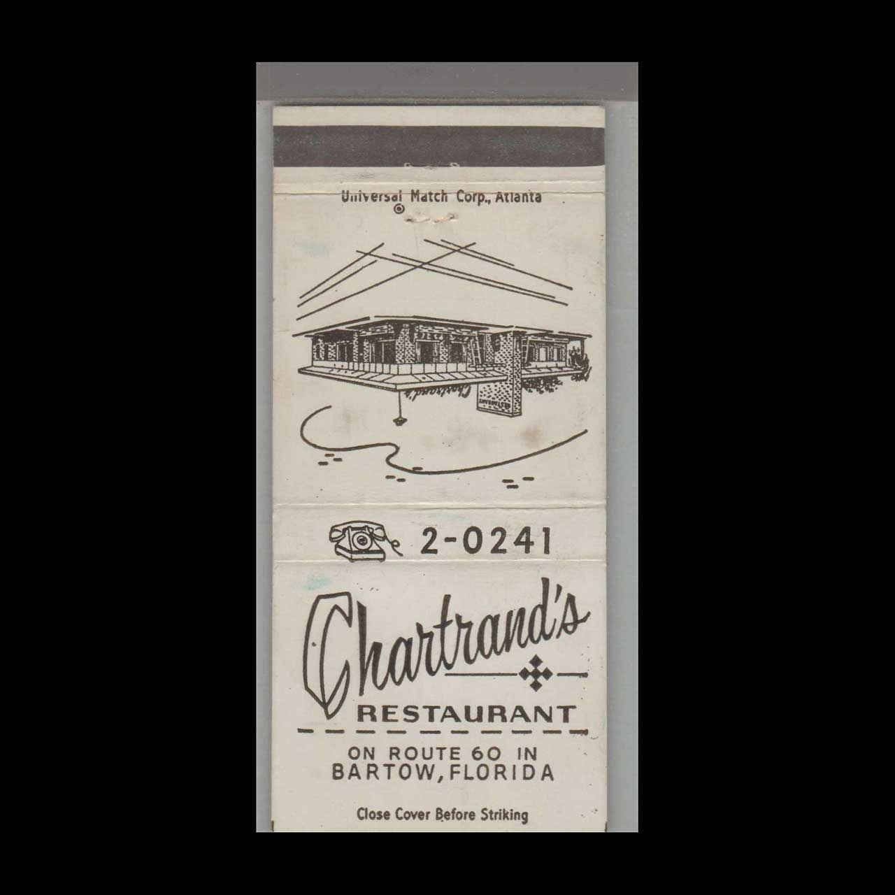 Chartrand&#39;s Restaurant Bartow, FL Vintage Matchbook Advertising Cover
