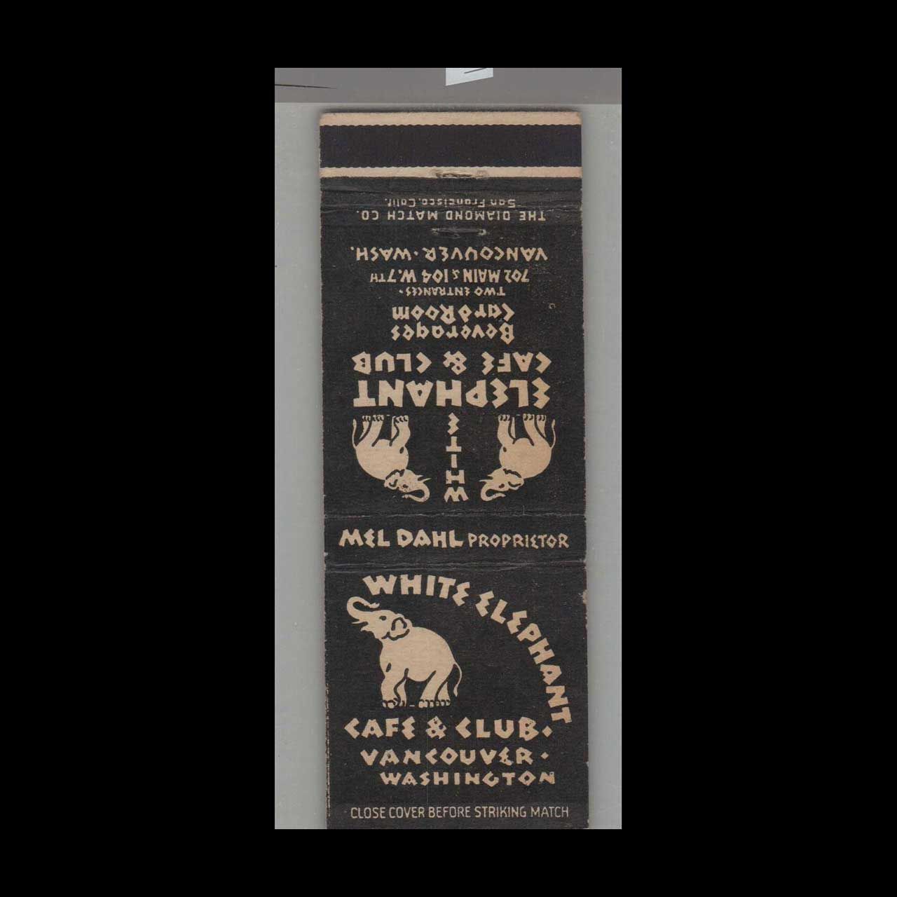 Elephant - White Elephant Café &amp; Club Vancouver, WA Vintage Matchbook Advertising Cover