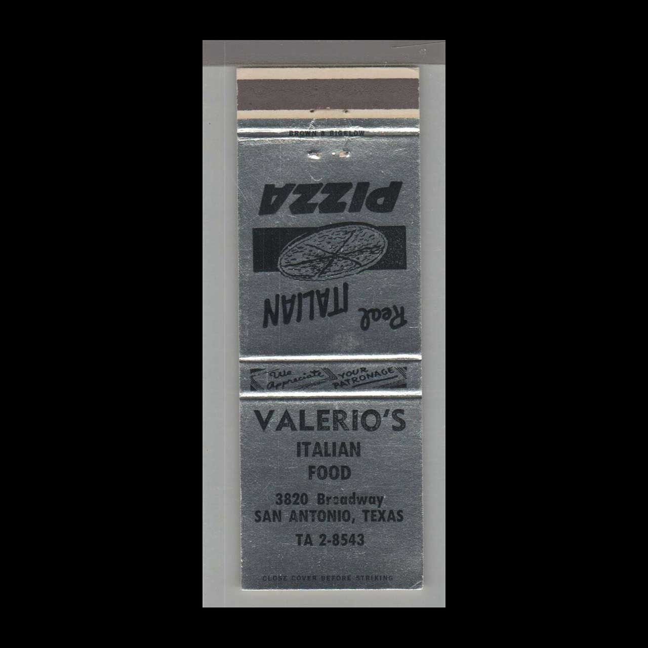 Pizza Place - Valerio&#39;s Italian Food San Antonio, TX Vintage Matchbook Advertising Cover