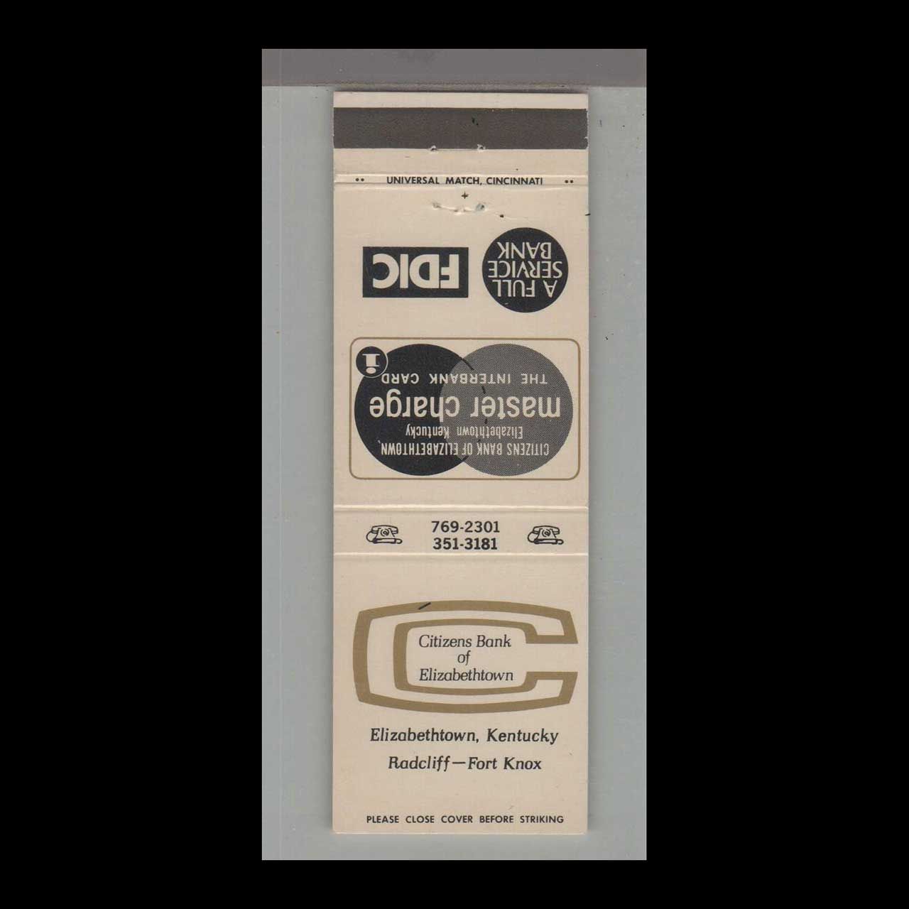 Citizens Bank Of Elizabethtown, KY Vintage Matchbook Advertising Cover