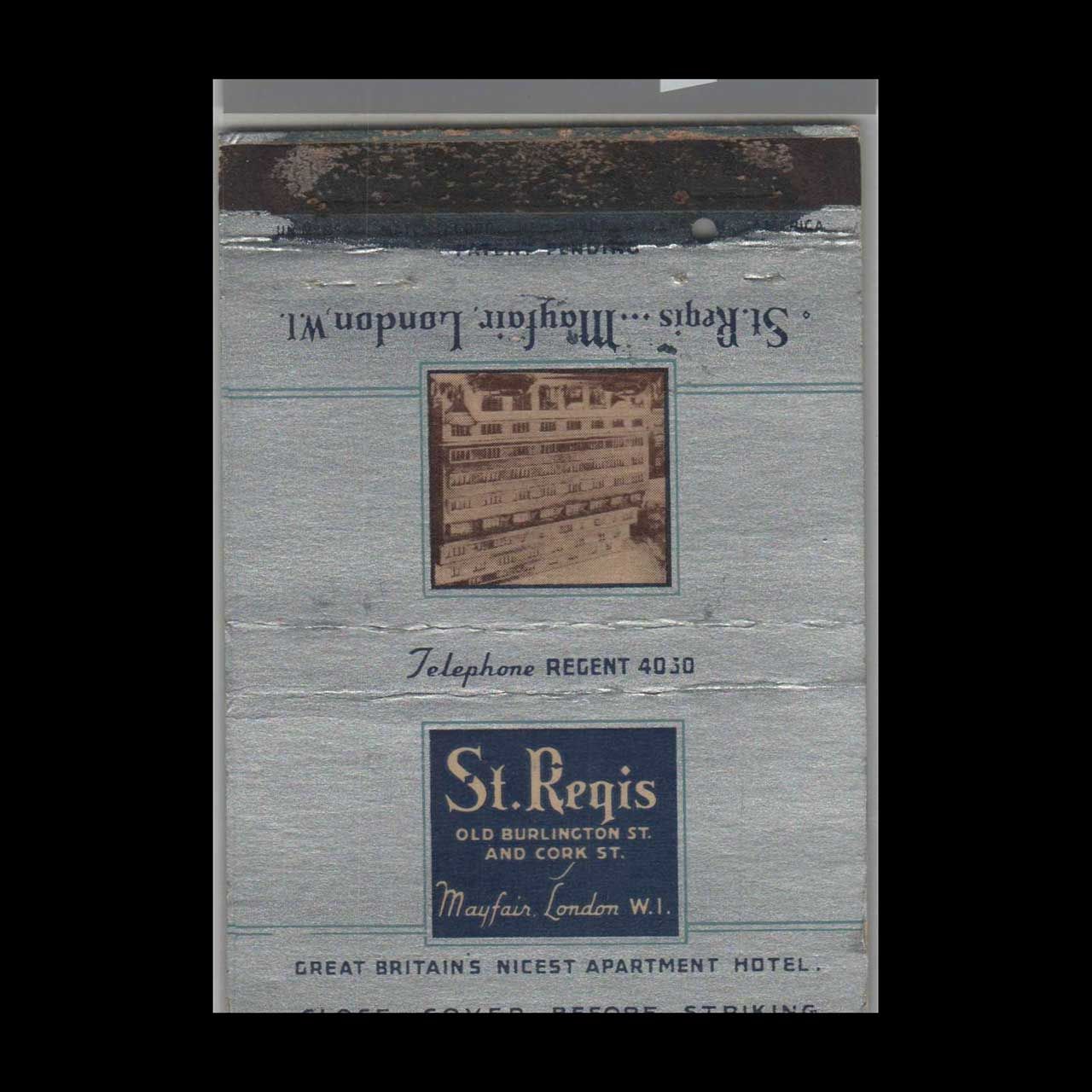 St. Regis Hotel Mayfair London, WI Vintage Matchbook Advertising Cover