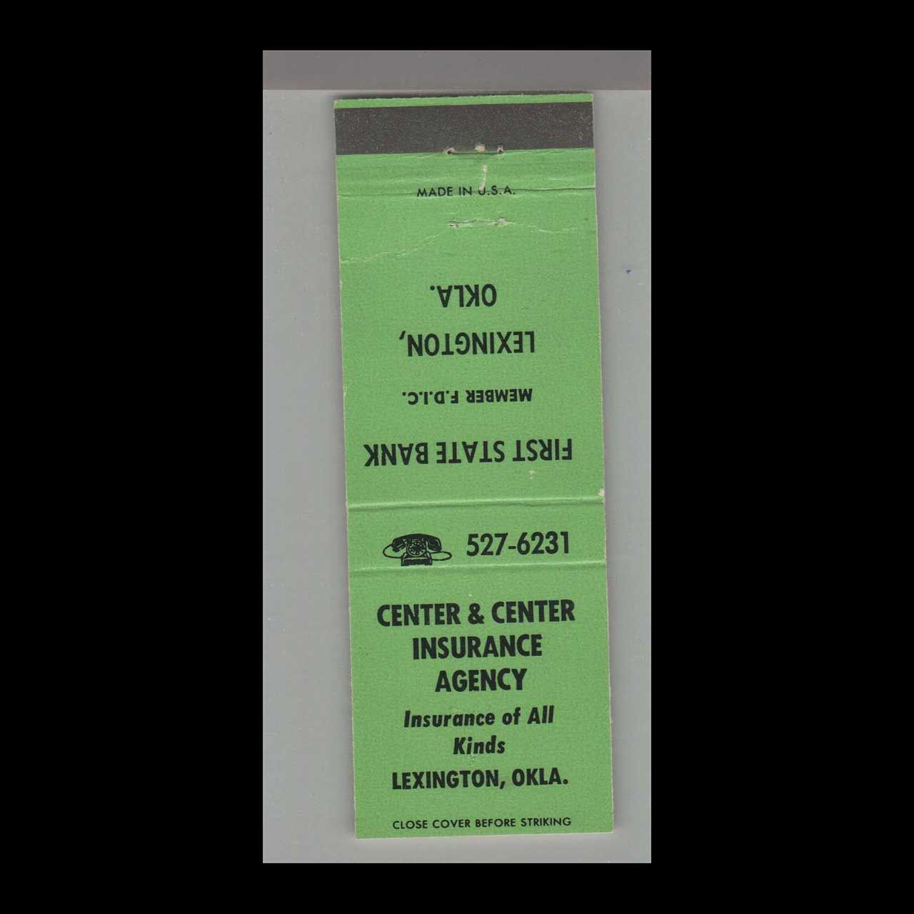 Center &amp; Center Insurance Agency Lexington, OK Vintage Matchbook Advertising Cover