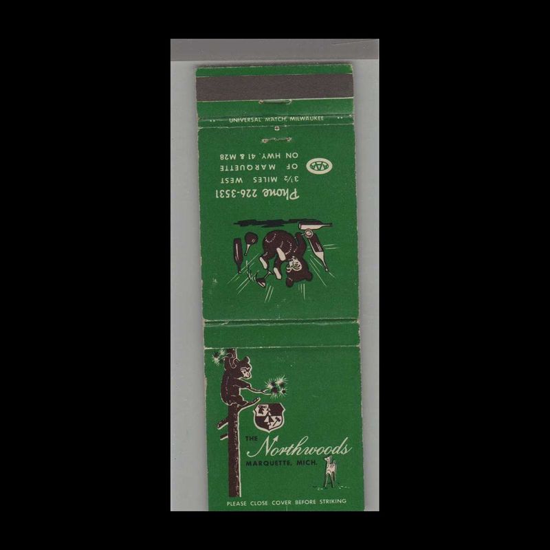 Northwoods Restaurant Marquette, MI Vintage Matchbook Advertising Cover