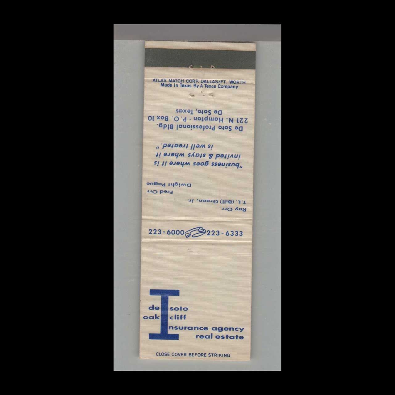 Oak Cliff Insurance Agency De Soto, TX Vintage Matchbook Advertising Cover