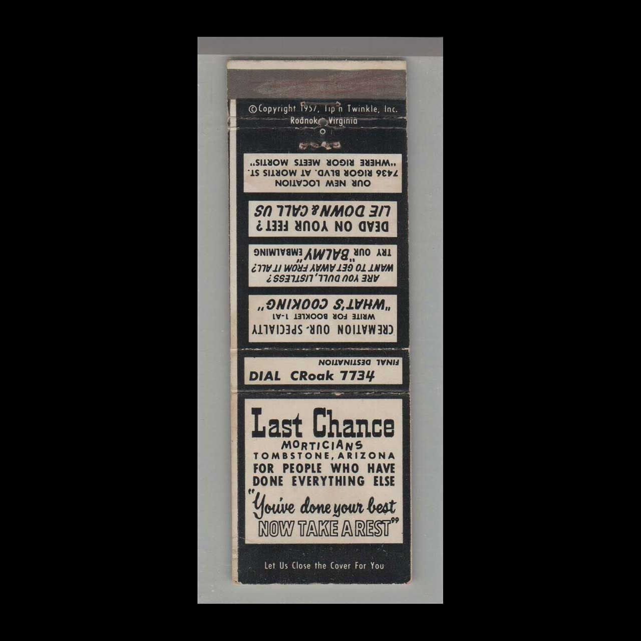 Last Chance Morticians Vintage Matchbook Advertising Cover