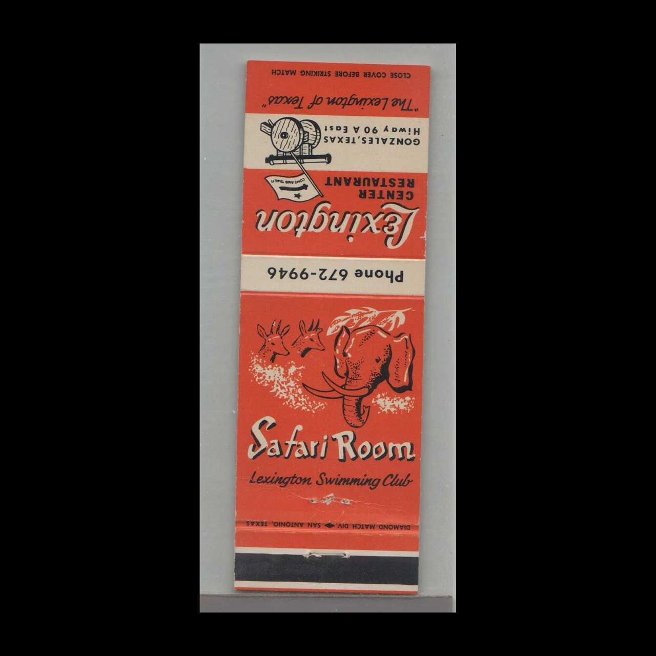 Elephant - Lexington Center Restaurant Gonzales, TX Vintage Matchbook Advertising Cover