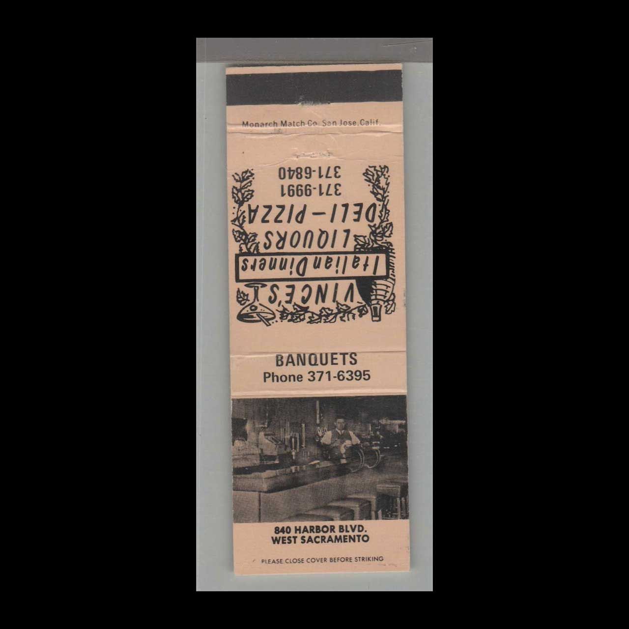 Pizza Place - Vince&#39;s Italian Dinners West Sacramento, CA Vintage Matchbook Advertising Cover