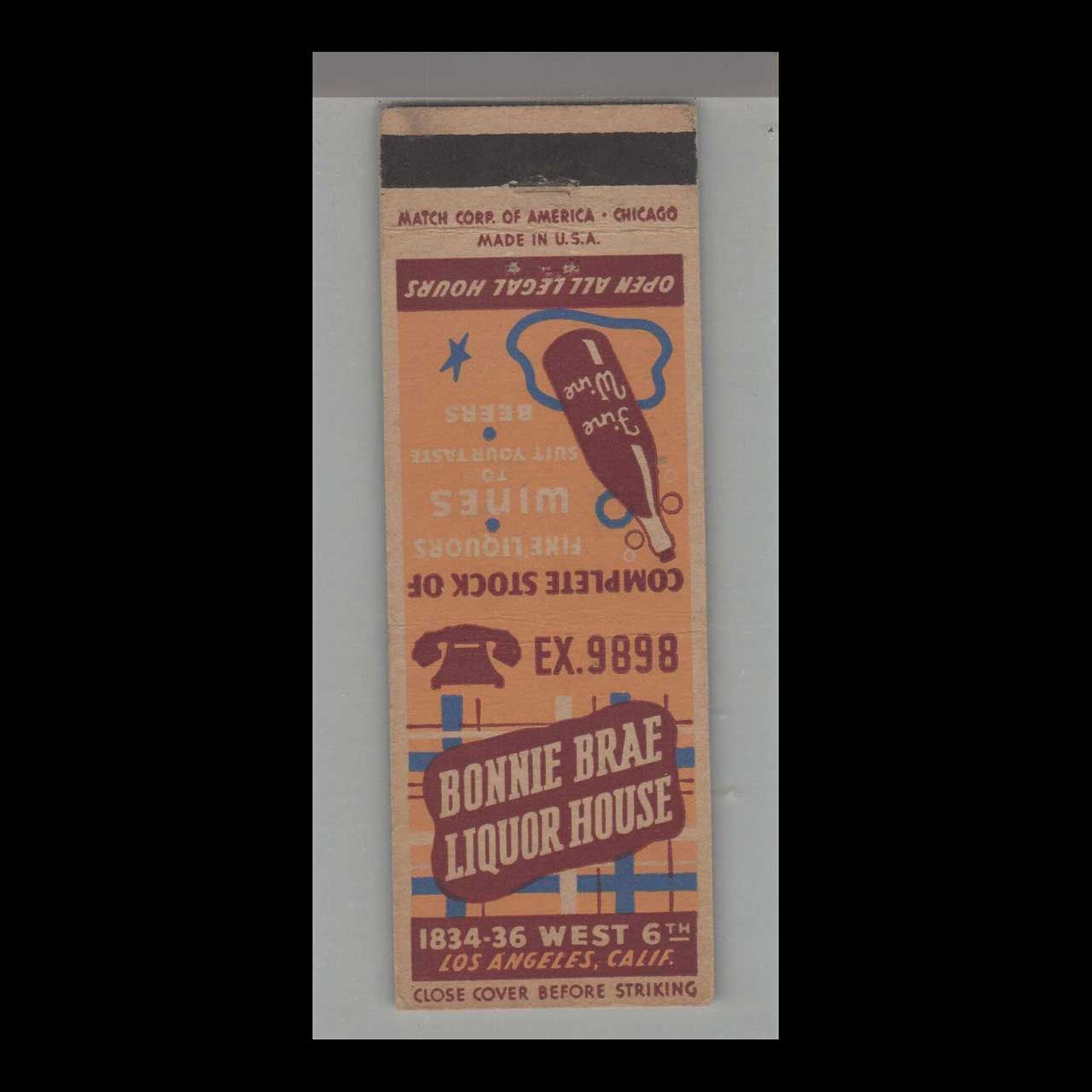 Bonnie Brae Liquor House Los Angeles, CA Vintage Matchbook Advertising Cover
