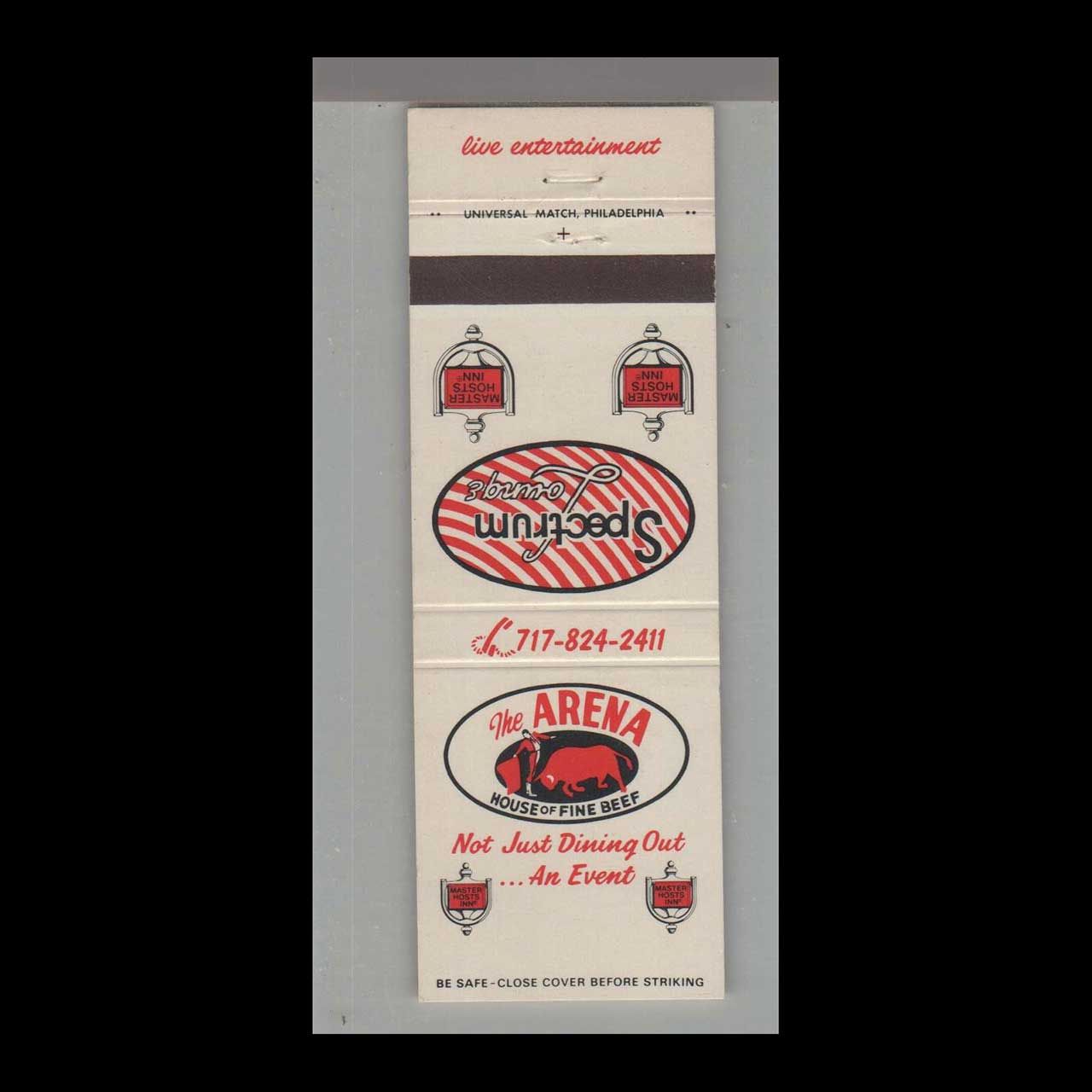 The Arena House Of Fine Beef Wilkes Barre, PA Vintage Matchbook Advertising Cover