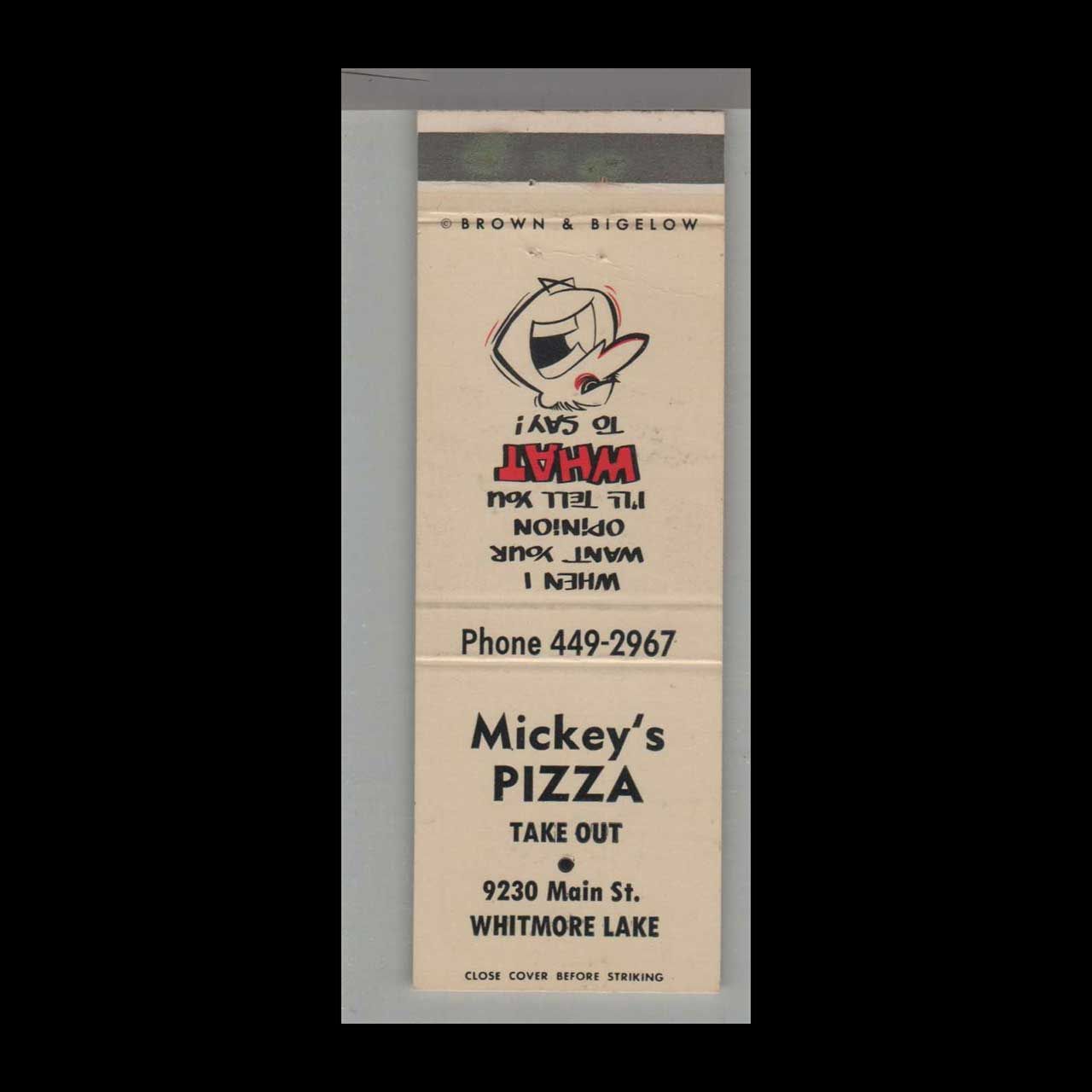 Pizza Place - Mickey&#39;s Pizza Whitmore Lake Vintage Matchbook Advertising Cover