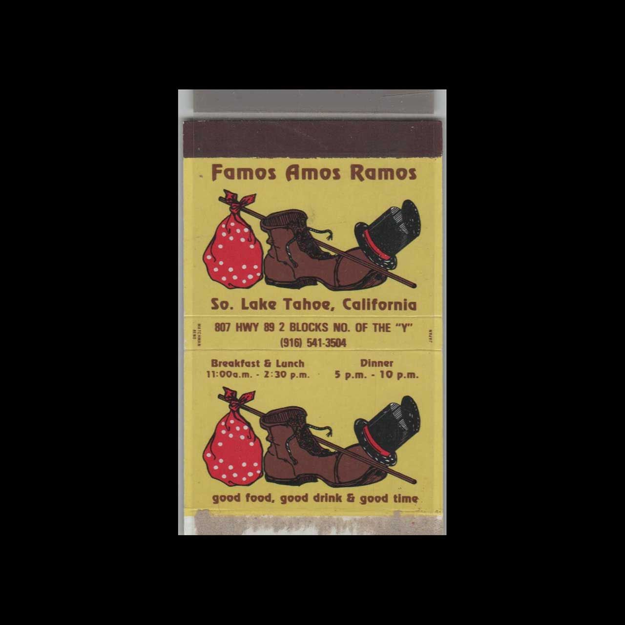 Matchbox Cover -  Famos Amos Ramos Restaurant So. Lake Tahoe, CA Vintage Matchbook Advertising Cover