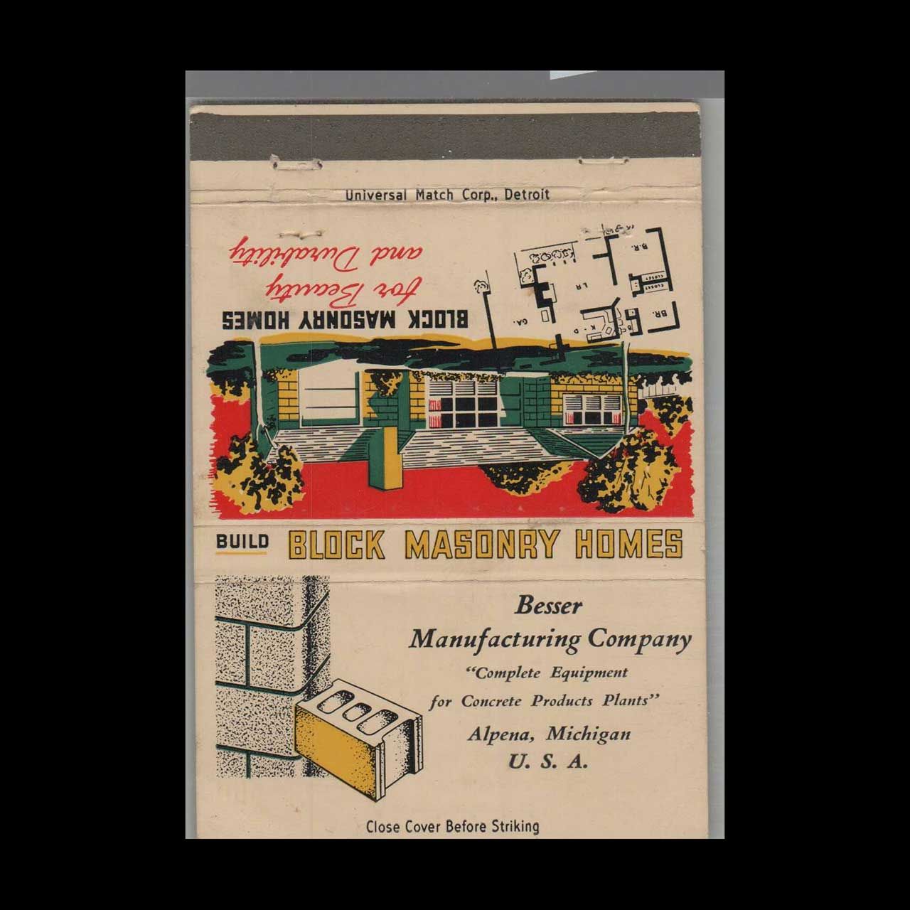 Besser Manufacturing Co. Alpena, MI Vintage Matchbook Advertising Cover
