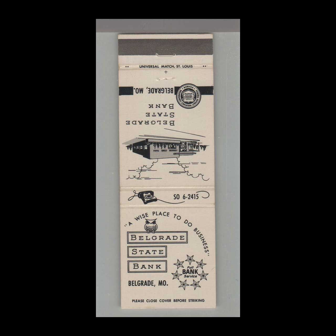 Telephone Pic - Belgrade State Bank Belgrade, MO Vintage Matchbook Advertising Cover