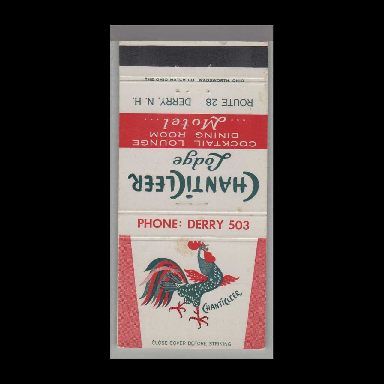 Rooster - ChantiCleer Lodge Derry, NY Vintage Matchbook Advertising Cover
