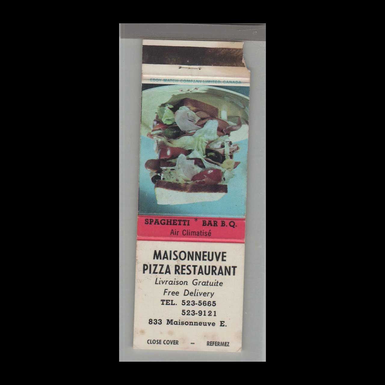 Pizza Place - Maisonneuve Pizza Restaurant Quebec Vintage Matchbook Advertising Cover