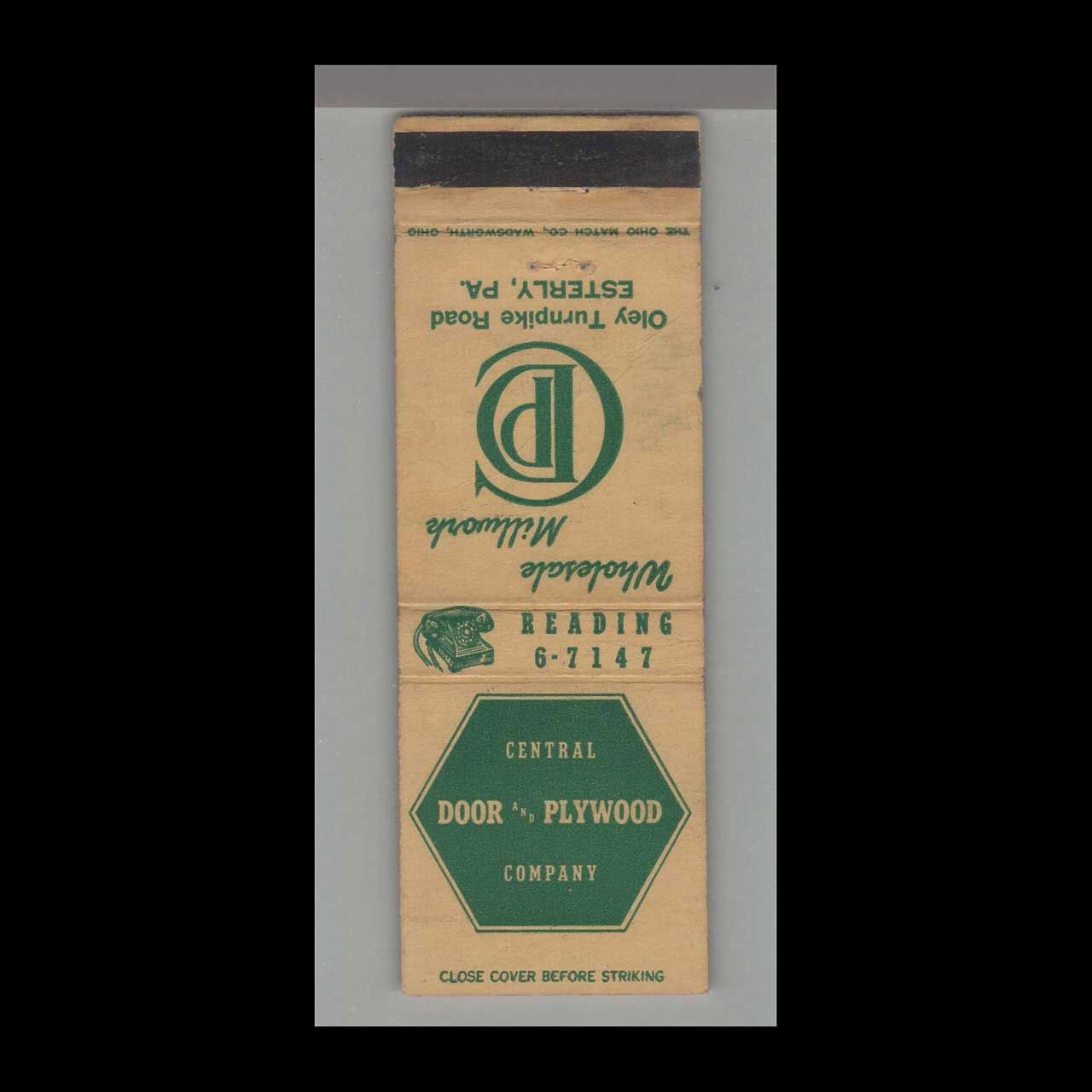 Central Door &amp; Plywood Co. Easterly, OA Vintage Matchbook Advertising Cover