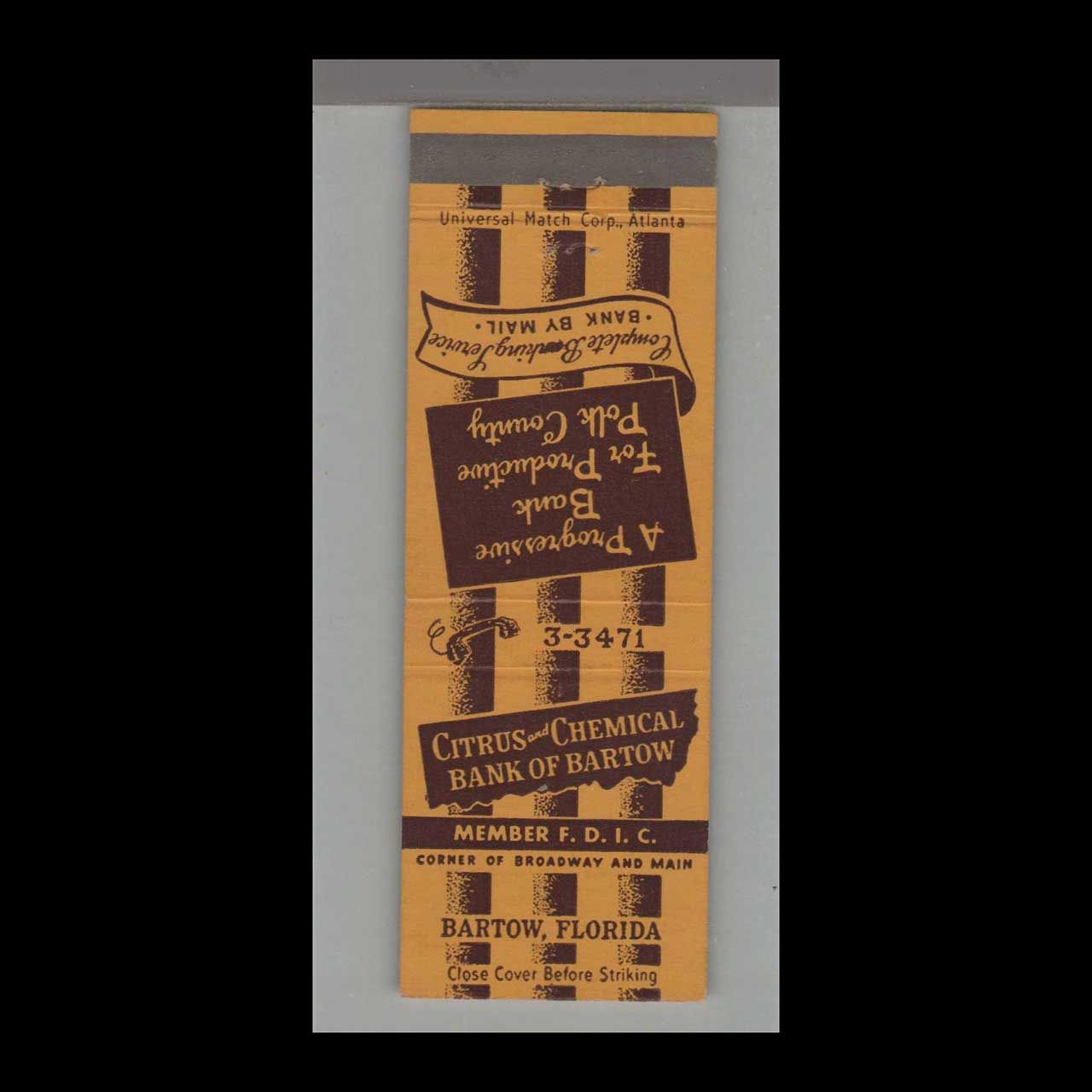 Citrus &amp; Chemical Bank of Bartow, FL Vintage Matchbook Advertising Cover