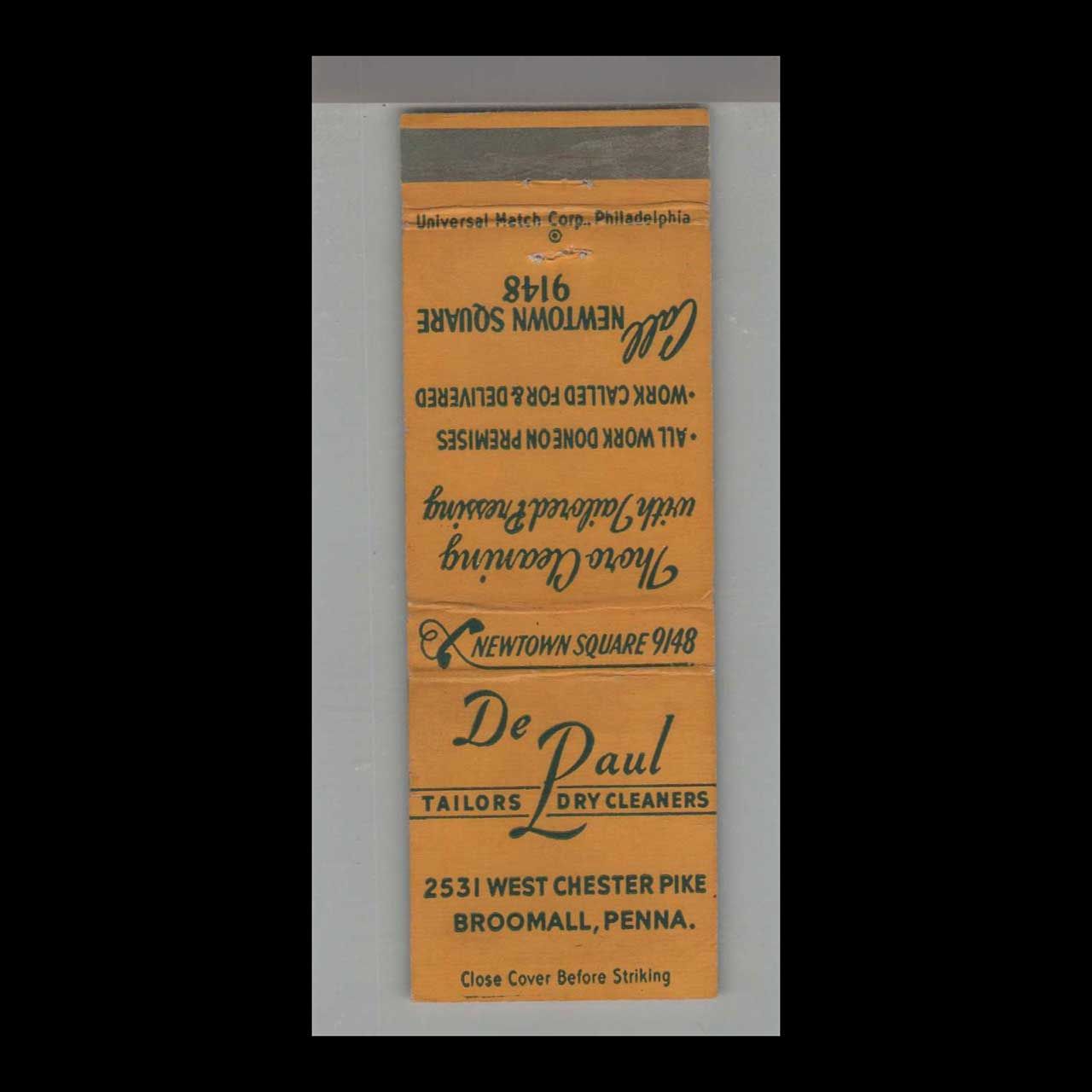 DePaul Tailors &amp; Dry Cleaners Broomall, PA Vintage Matchbook Advertising Cover