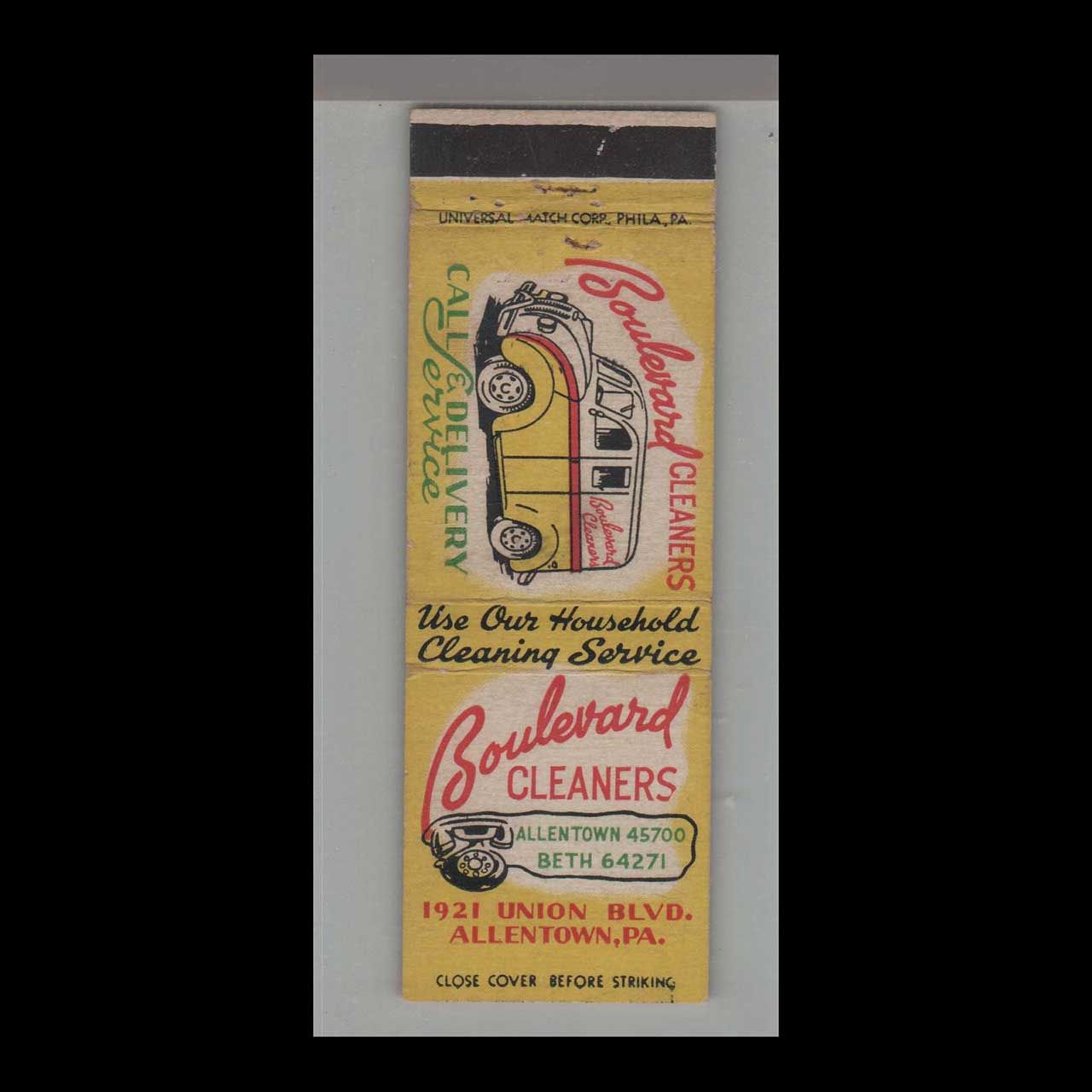Boulevard Cleaners Allentown, PA   DIVCO TRUCK Vintage Matchbook Advertising Cover