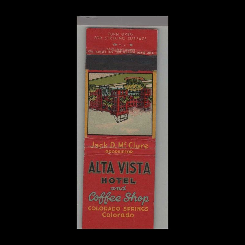 Alta Vista Hotel Colorado Springs, CO Vintage Matchbook Advertising Cover