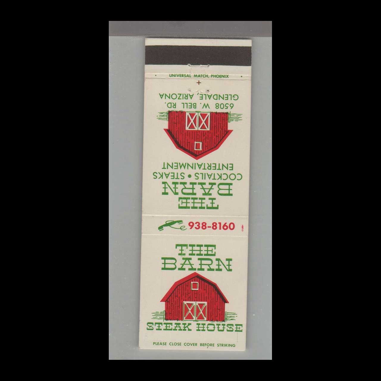 Telephone Pic - The Barn Steak House Glendale, AZ Vintage Matchbook Advertising Cover