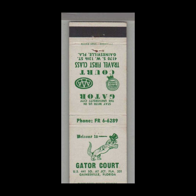 Gator Court Motel Gainesville, FL Vintage Matchbook Advertising Cover