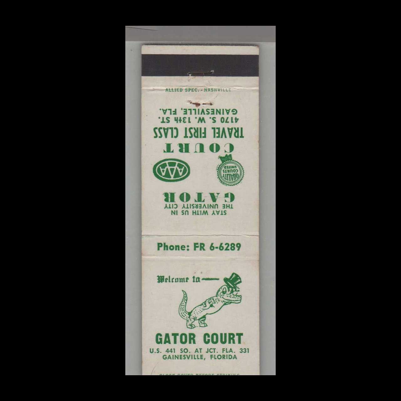 Gator Court Motel Gainesville, FL Vintage Matchbook Advertising Cover