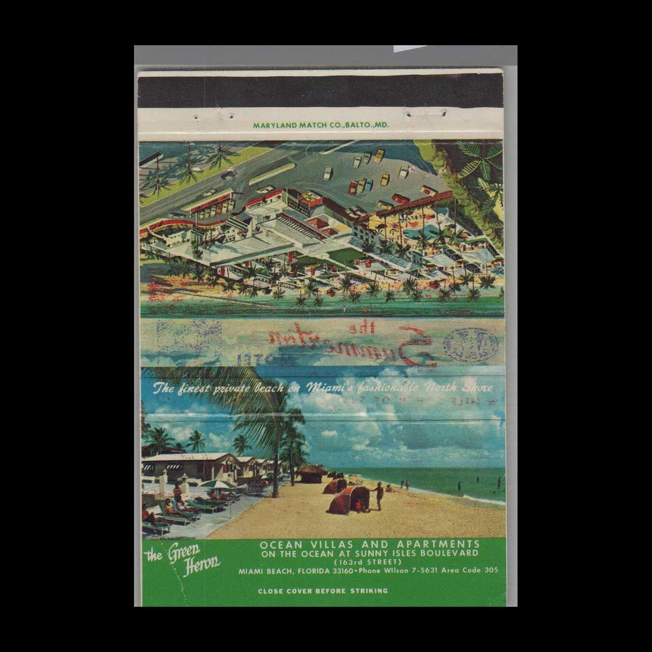 Ocean Villas &amp; Apartments Miami Beach, FL Vintage Matchbook Advertising Cover