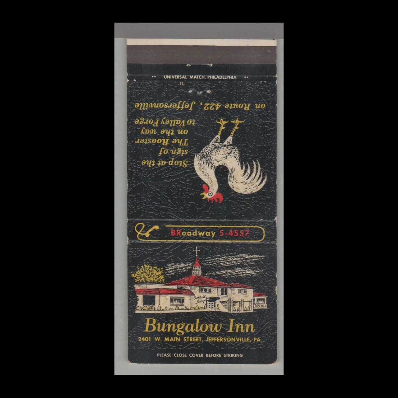 Rooster - Bungalow Inn Jeffersonville, PA Vintage Matchbook Advertising Cover