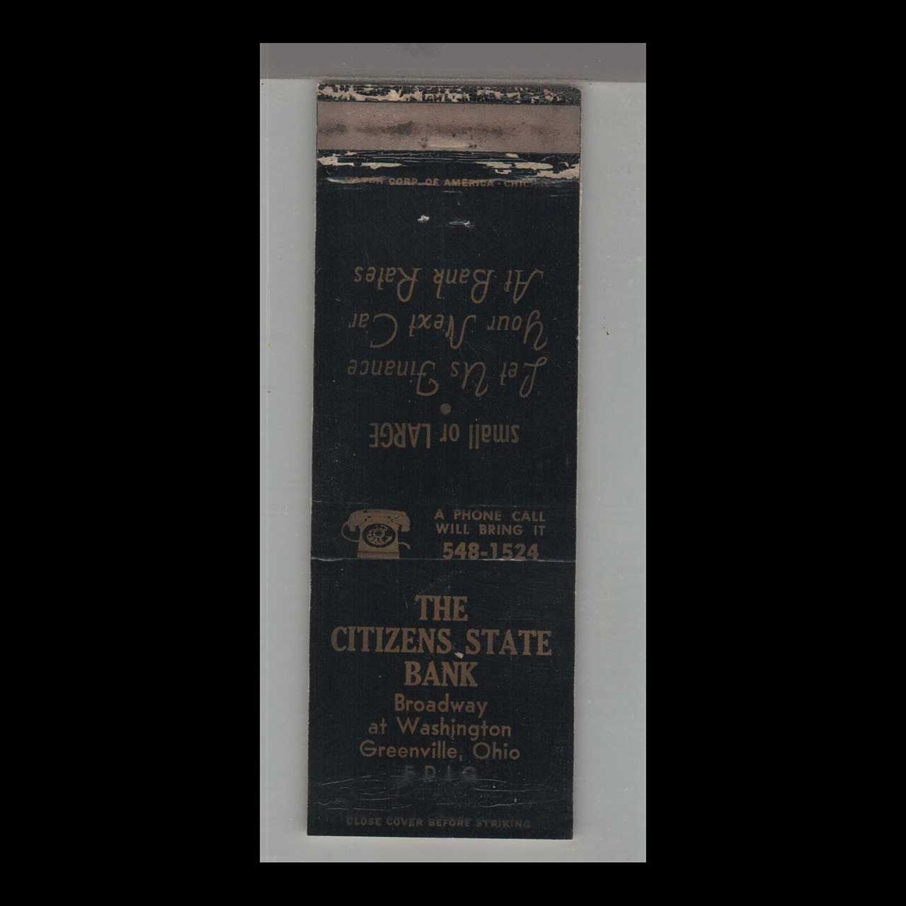 Citizens State Bank Greenville, OH Vintage Matchbook Advertising Cover