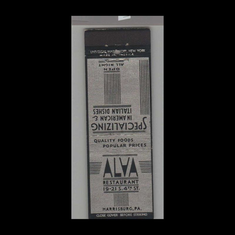 Alva Restaurant Harrisburg, PA Vintage Matchbook Advertising Cover