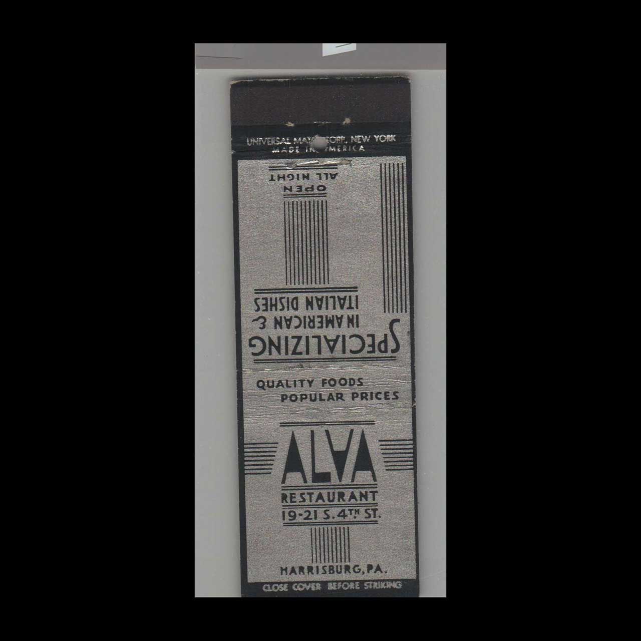 Alva Restaurant Harrisburg, PA Vintage Matchbook Advertising Cover