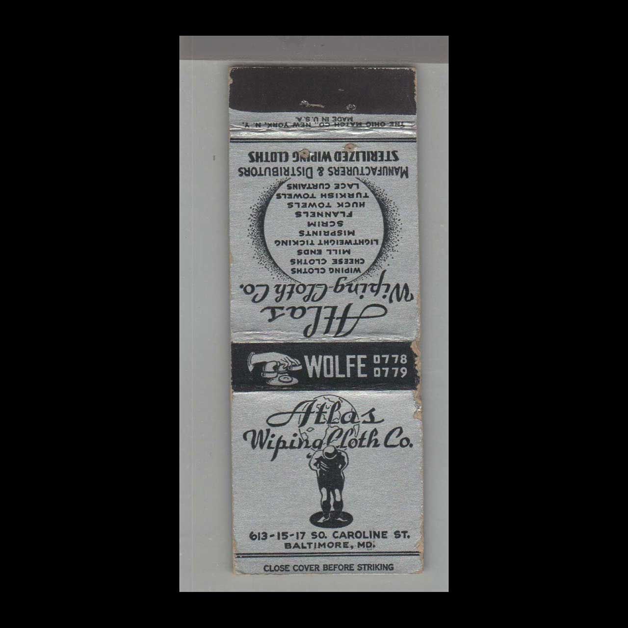 Telephone Pic - Atlas Wiping Cloth Co. Baltimore, MD Vintage Matchbook Advertising Cover