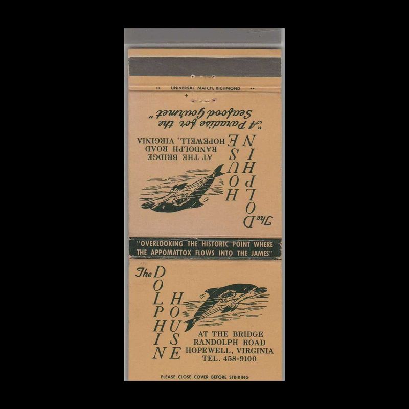 Dolphin House Restaurant Hopewell, VA Vintage Matchbook Advertising Cover