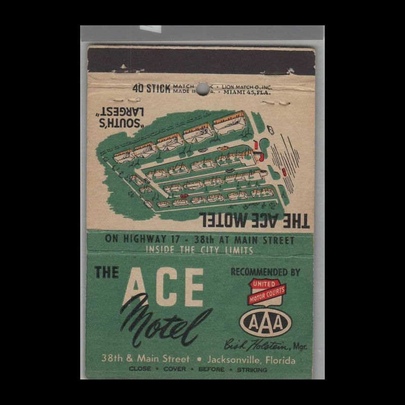 The Ace Motel Jacksonville, FL Vintage Matchbook Advertising Cover