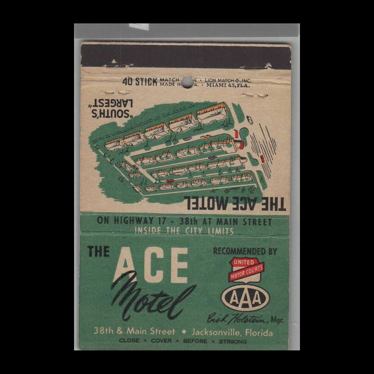 The Ace Motel Jacksonville, FL Vintage Matchbook Advertising Cover