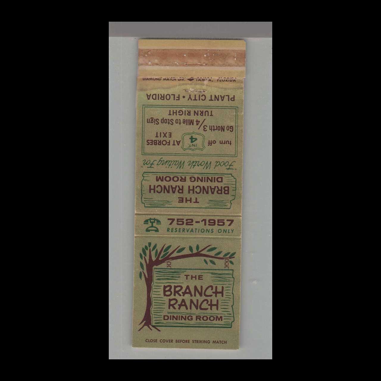 Branch Ranch Dining Room Plant City, FL Vintage Matchbook Advertising Cover