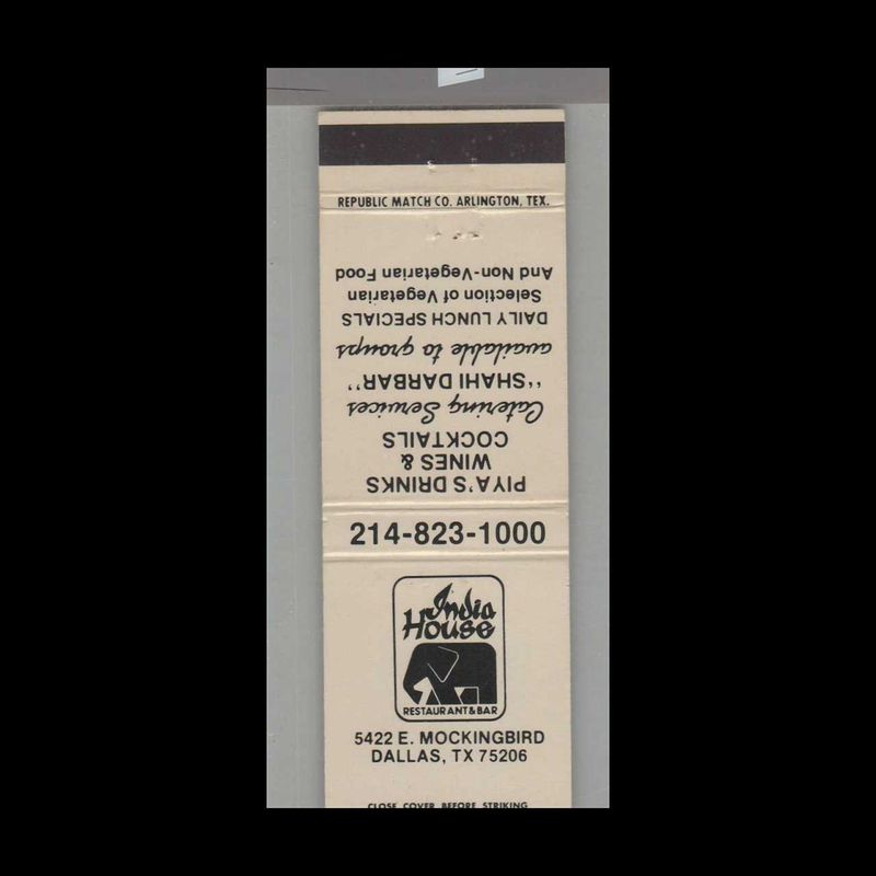 Elephant - India House Restaurant Dallas, TX Vintage Matchbook Advertising Cover