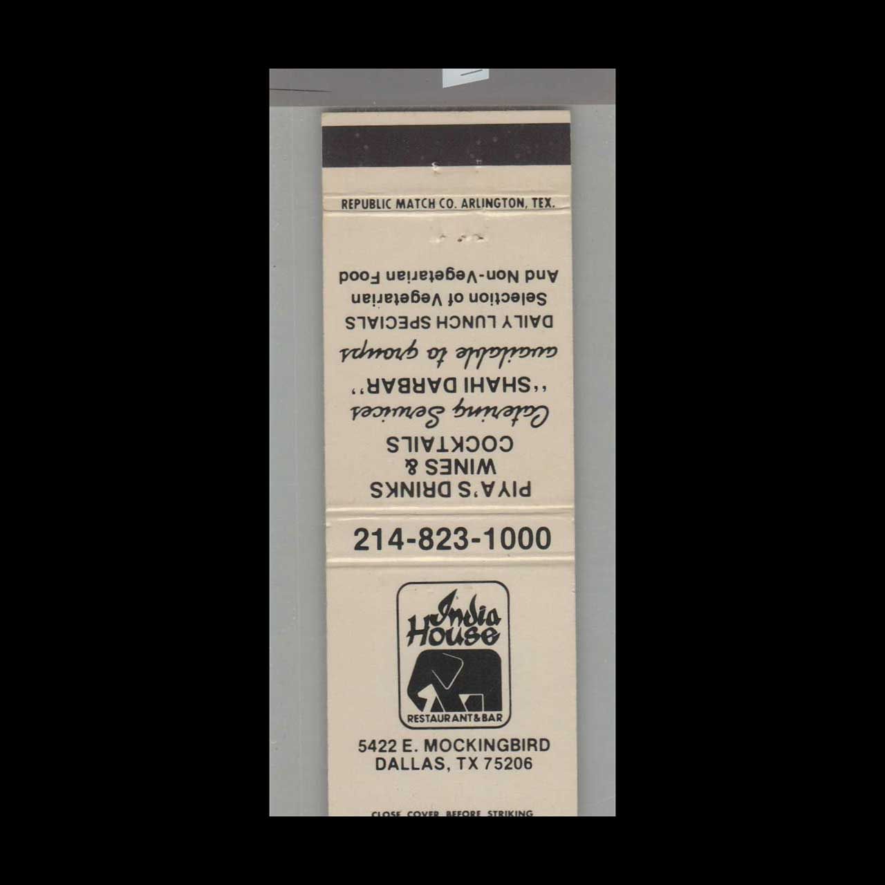 Elephant - India House Restaurant Dallas, TX Vintage Matchbook Advertising Cover