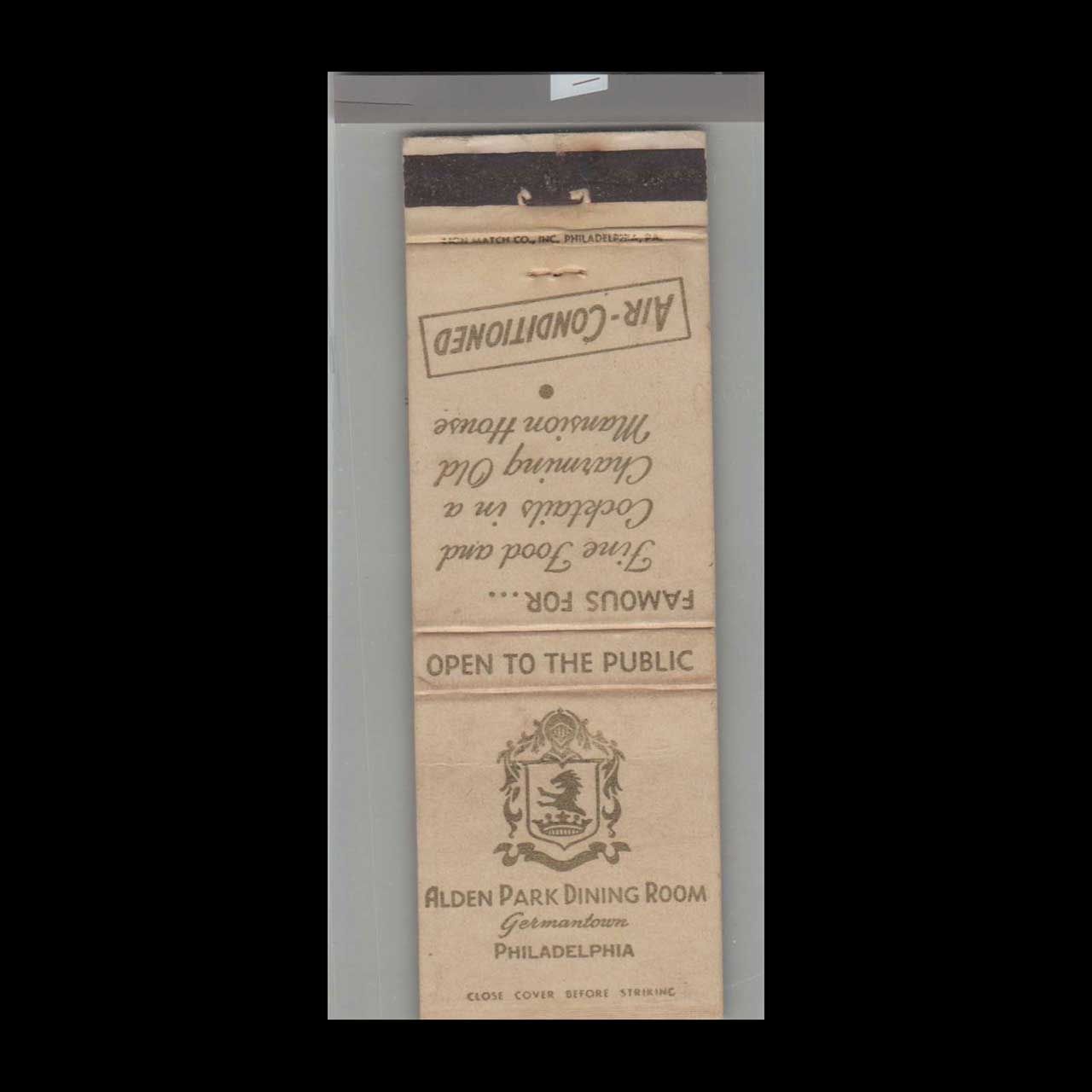Alden Park Dining Room Germantown Philadelphia, PA Vintage Matchbook Advertising Cover