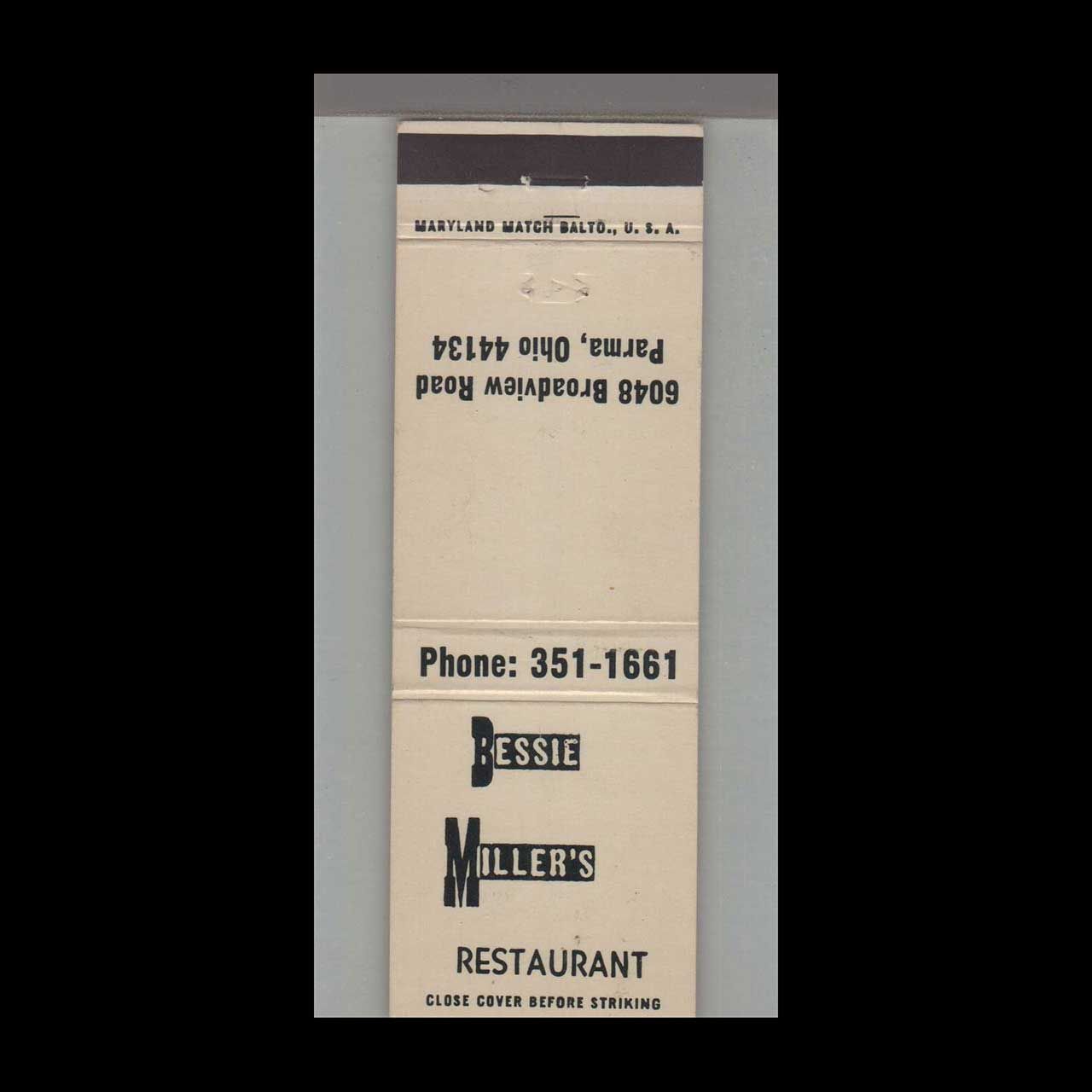 Bessie Miller&#39;s Restaurant Parma, OH Vintage Matchbook Advertising Cover