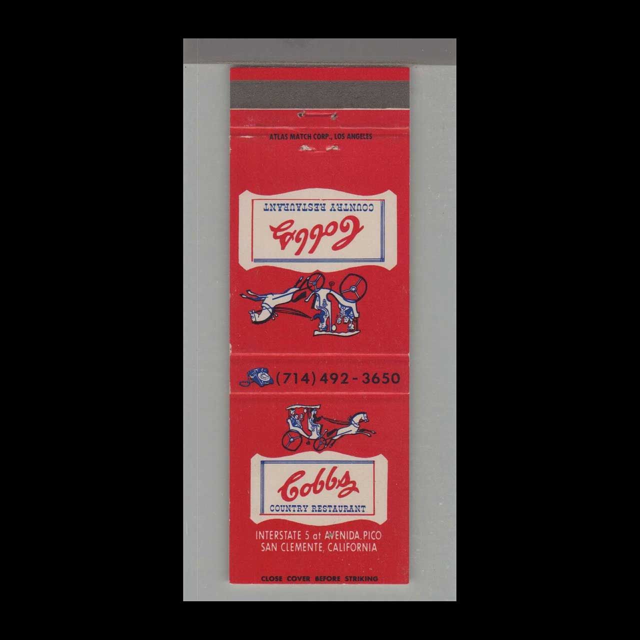 Cobb&#39;s Country Restaurant San Clemente, CA Vintage Matchbook Advertising Cover