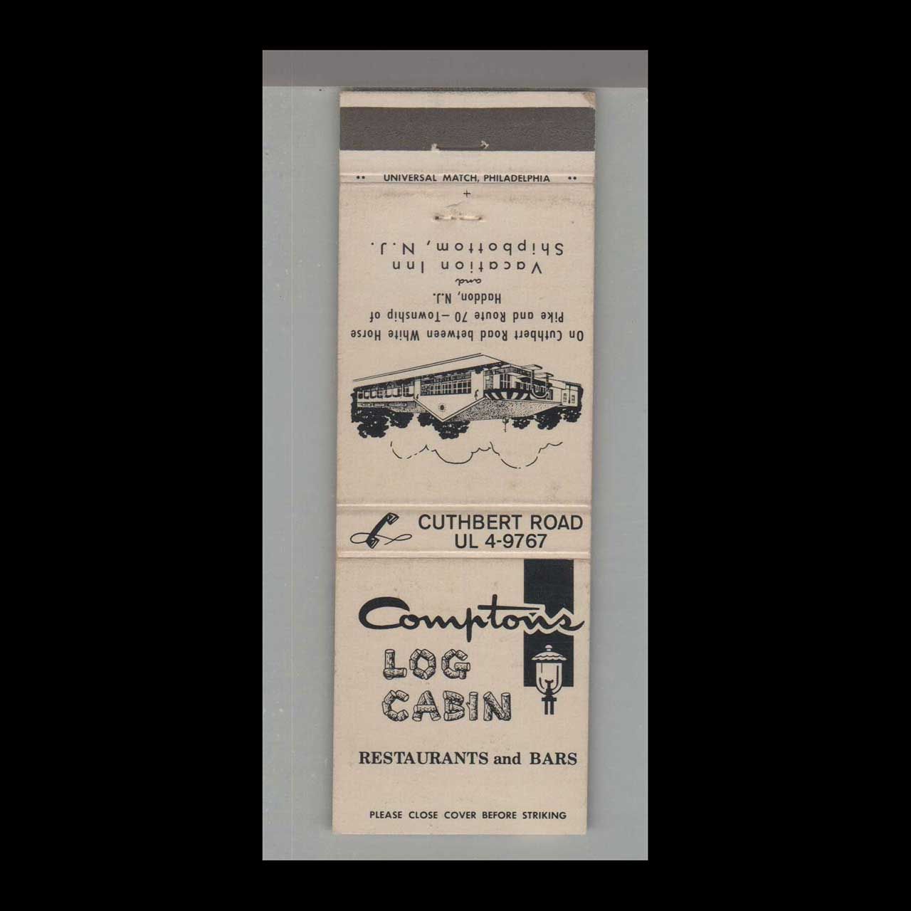 Comptons Log Cabin Restaurant &amp; Bar Haddon, NJ Vintage Matchbook Advertising Cover