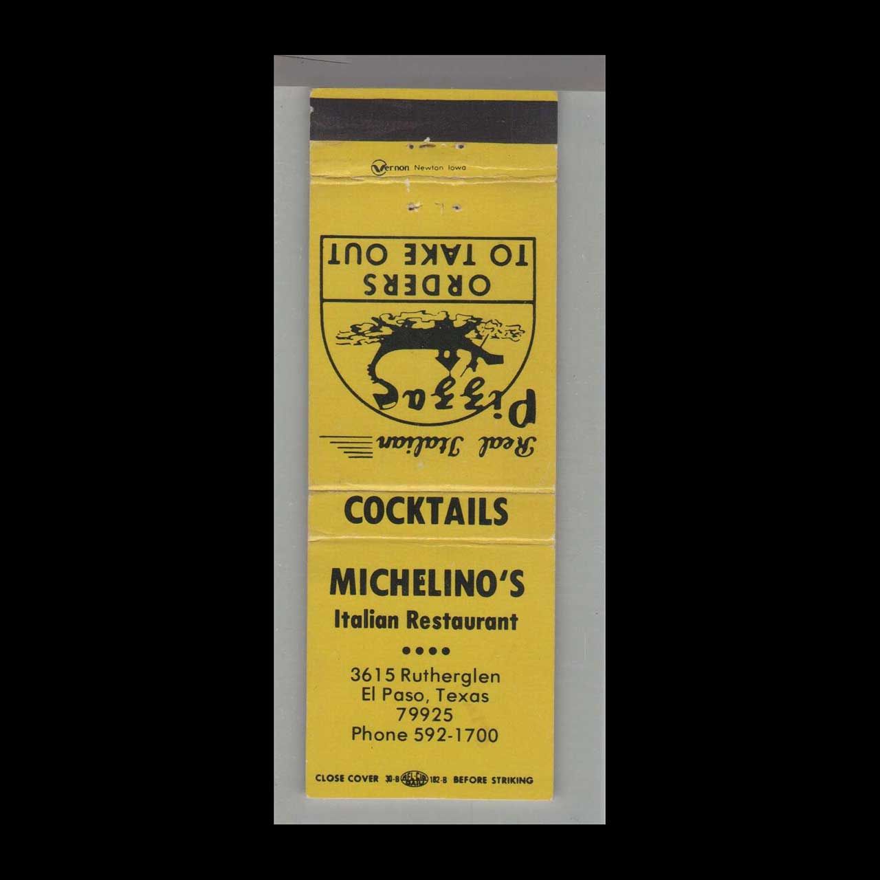 Pizza Place - Michelino&#39;s Italian Restaurant El Paso, TX Vintage Matchbook Advertising Cover