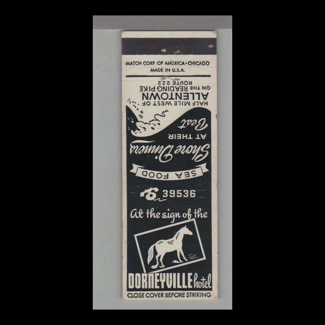 Dorneyville Hotel Allentown, PA Vintage Matchbook Advertising Cover