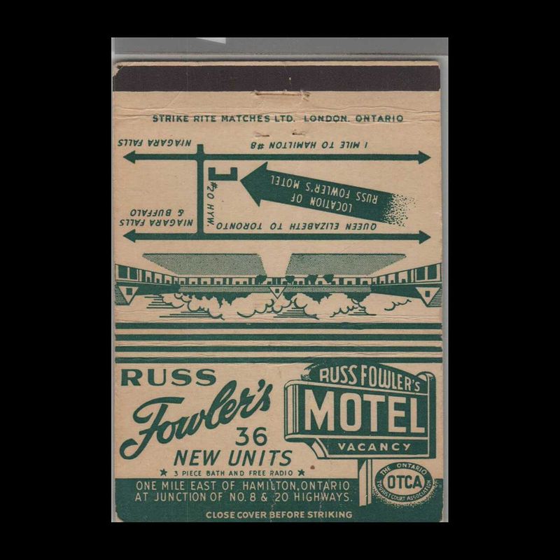 Russ Fowler&#39;s Motel Hamilton, Ontario Canada Vintage Matchbook Advertising Cover